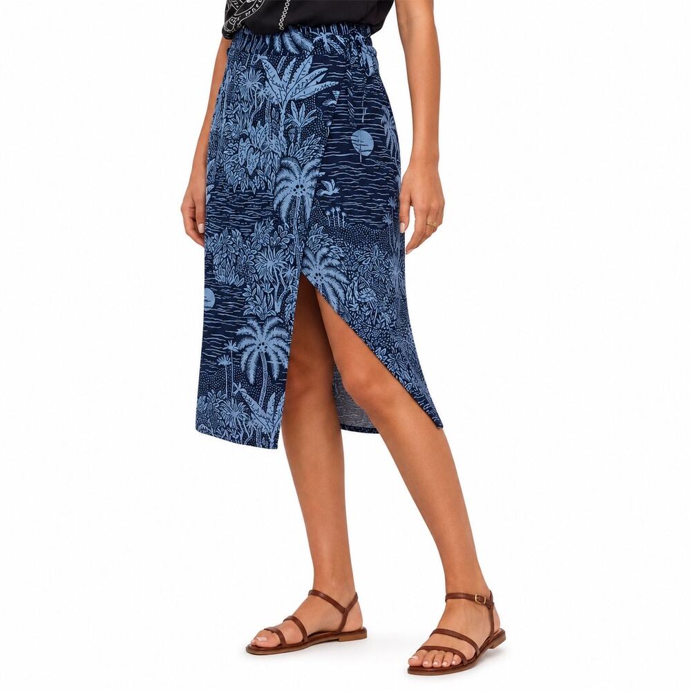 Desmond & Dempsey x H&M Tropical Wrap Midi Skirt Blue Linen Blend Size 6 Beachy‎
